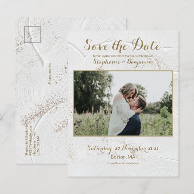 Celestial Foto White Gold Save the Date Postkarte (Vorne/Hinten)