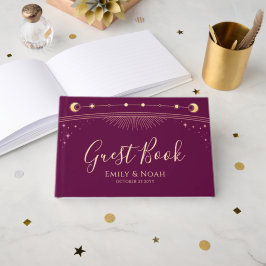 Celestial Fuchsia Gold Sun Moon Stars Hochzeit Gästebuch