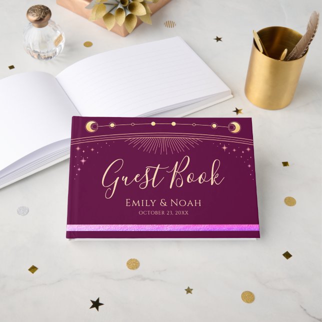 Celestial Fuchsia Gold Sun Moon Stars Wedding  Gästebuch (Vorderseite Offen)