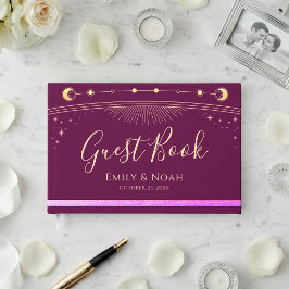 Celestial Fuchsia Gold Sun Moon Stars Wedding Gästebuch