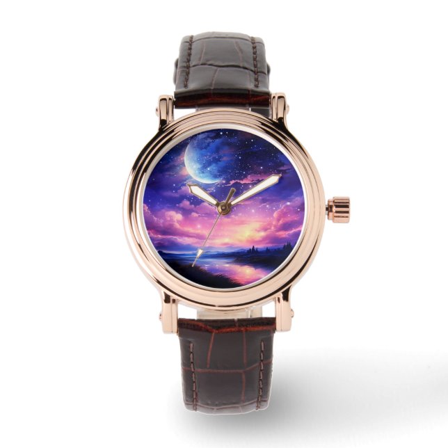 Celestial Full Moon Stars Wolken Mystische Lila Armbanduhr (Vorderseite)