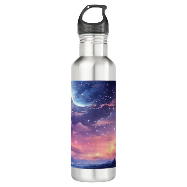Celestial Full Moon Stars Wolken Mystische Lila Edelstahlflasche (Vorderseite)