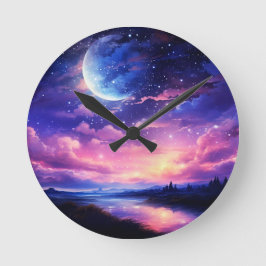 Celestial Full Moon Stars Wolken Mystische Lila Runde Wanduhr