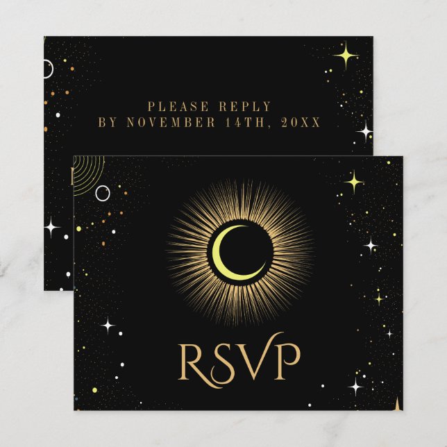 Celestial Galaxy Black Wedding RSVP Karte (Vorne/Hinten)