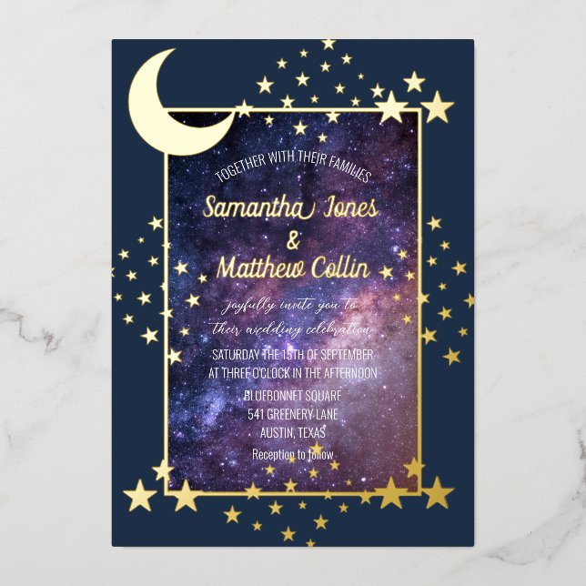 Celestial Galaxy Cosmos Moon Sky Gold Hochzeit Folieneinladung (Vorderseite)