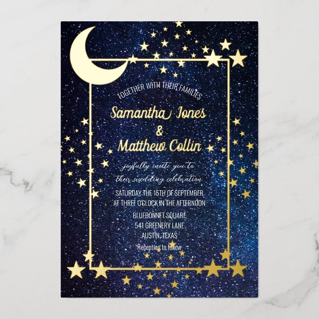 Celestial Galaxy Cosmos Moon Sky Gold Hochzeit Folieneinladung (Vorderseite)