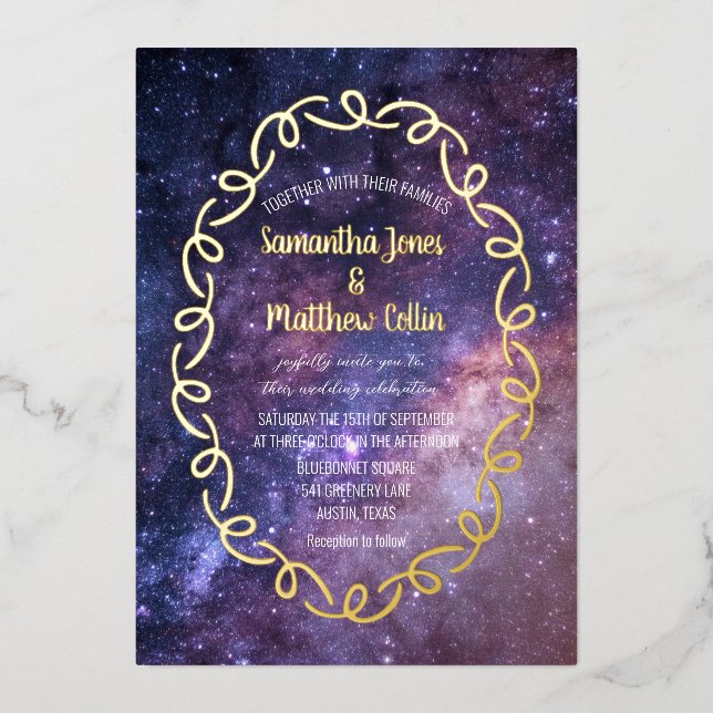 Celestial Galaxy Cosmos Sky Gold Foil Hochzeit Folieneinladung (Vorderseite)