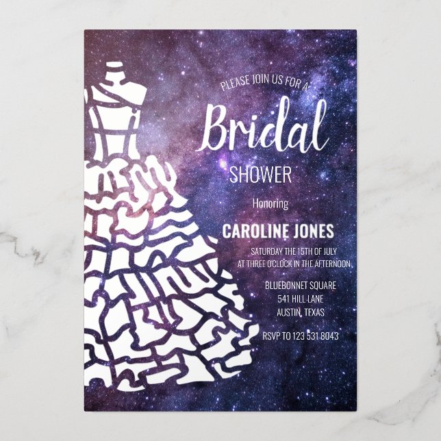 Celestial Galaxy Silver Foil Dress Brautparty Folieneinladung (Vorderseite)