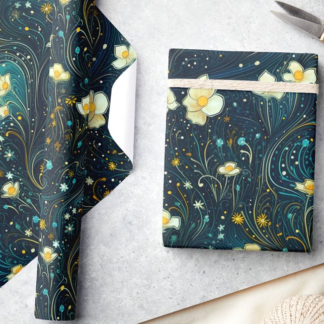 Celestial Garden Navy Blue, Gold Floral Decoupage Geschenkpapier (Von Creator hochgeladen)