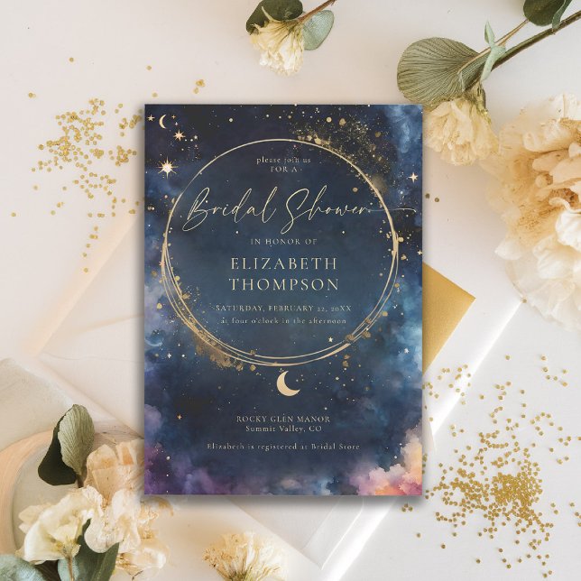 Celestial Gift Midnight Blue Elegantes Brautparty Einladung (celestial bridal shower invitation midnight navy blue starry night galaxy astrology universe)