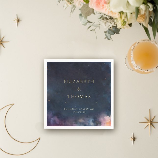 Celestial Gift Midnight Blue Sky Stars Watercolor Serviette (celestial personalized napkin watercolor starry night sky galaxy universe cosmic navy blue gold mood)