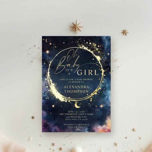 Celestial Gift Mitternacht Blue Elegante Babydusch Folieneinladung (celestial baby shower invitation twinkle star moon cosmos galaxy dark navy blue gold foil invite)