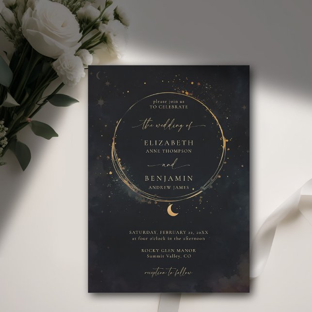 Celestial Gift Moody Dark Elegant Gold Wedding Einladung (celestial wedding invitation elegant frame watercolor moon stars sky modern classic moody dark)