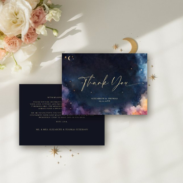 Celestial Gift Stars Kosmische Galaxie Mitternacht Dankeskarte (celestial thank you card watercolor starry night sky galaxy universe cosmic navy blue gold moody)