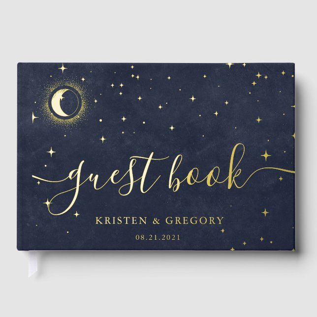 Celestial Gold Crescent Moon Wedding Gästebuch (Vorderseite)