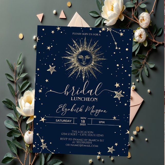 Celestial Gold Glitzer Sun Stars Bridal Luncheon Einladung (Von Creator hochgeladen)