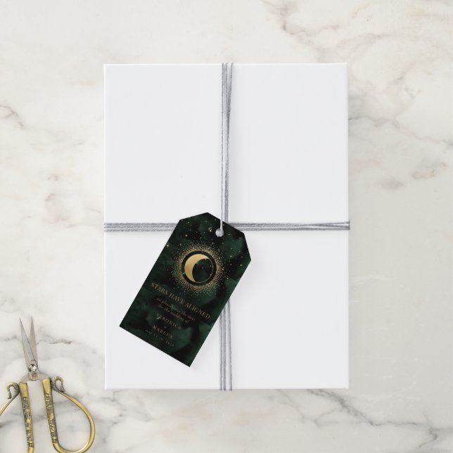 Celestial Gold Moon Save the Date Foto Geschenktas Geschenkanhänger (Mit Garn)