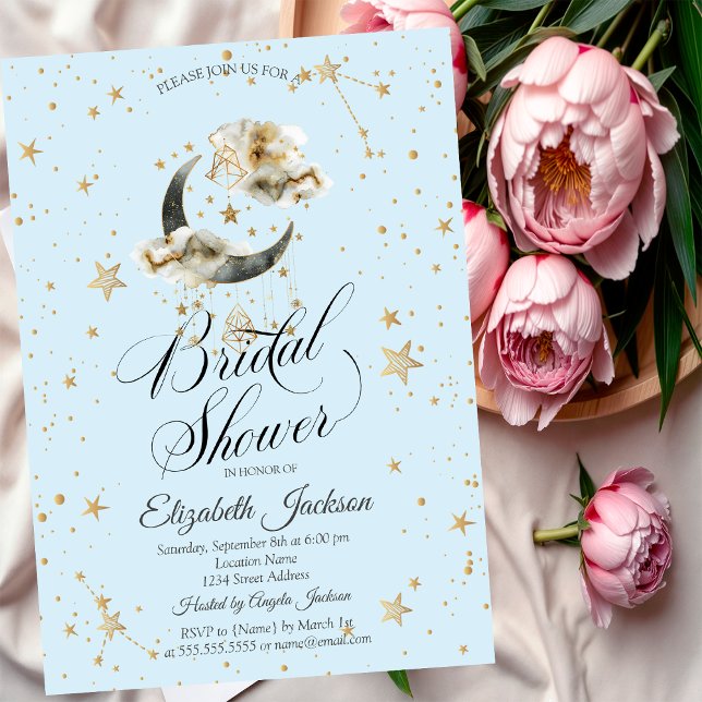 Celestial Gold Moon Stars Light Blue Einladung (Von Creator hochgeladen)