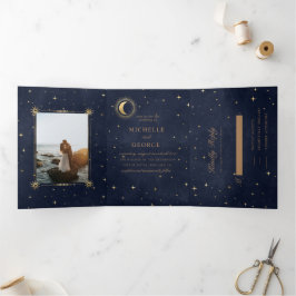 Celestial Gold Moon Tri Fold Wedding Einladung