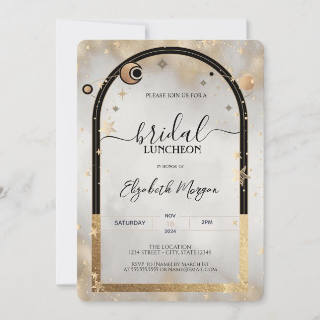 Celestial Gold Star Sun Moon Galax Bridal Luncheon Einladung (Vorderseite)