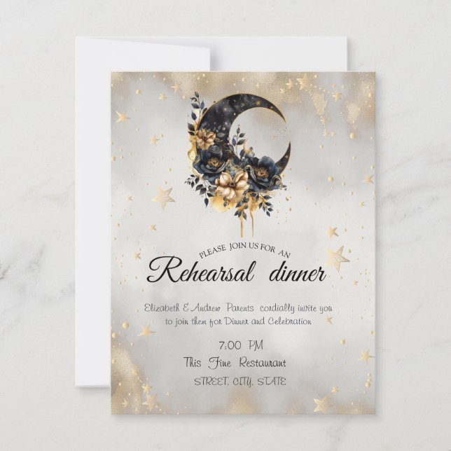 Celestial Gold Stars Floral Moon Einladung (Vorderseite)