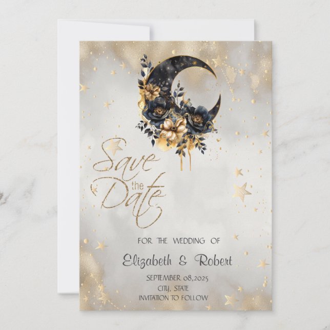 Celestial Gold Stars Floral Moon Save The Date (Vorderseite)