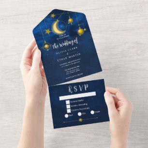 Celestial Gold Stars Mitternacht Blue Romantic All In One Einladung