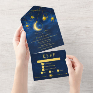 Celestial Gold Stars Mitternacht Blue Romantic All In One Einladung