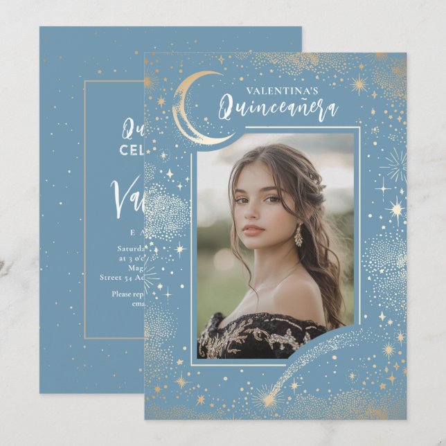 Celestial Gold Stars Moon Night Quinceanera Foto Einladung (Vorne/Hinten)