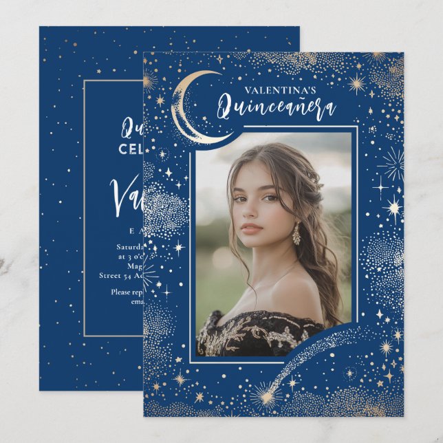 Celestial Gold Stars Moon Night Quinceanera Foto Einladung (Vorne/Hinten)
