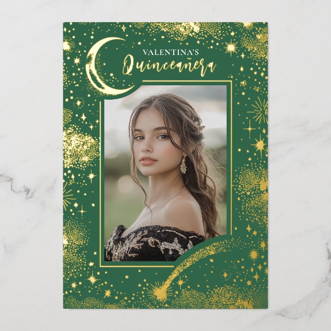 Celestial Gold Stars Moon Night Quinceanera Foto Folieneinladung (Vorderseite)