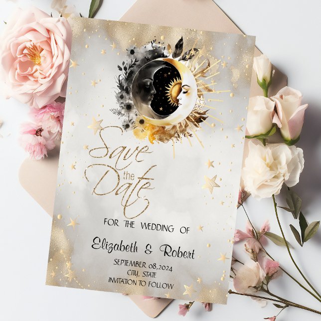 Celestial Gold Stars Moons Blume Save The Date (Von Creator hochgeladen)