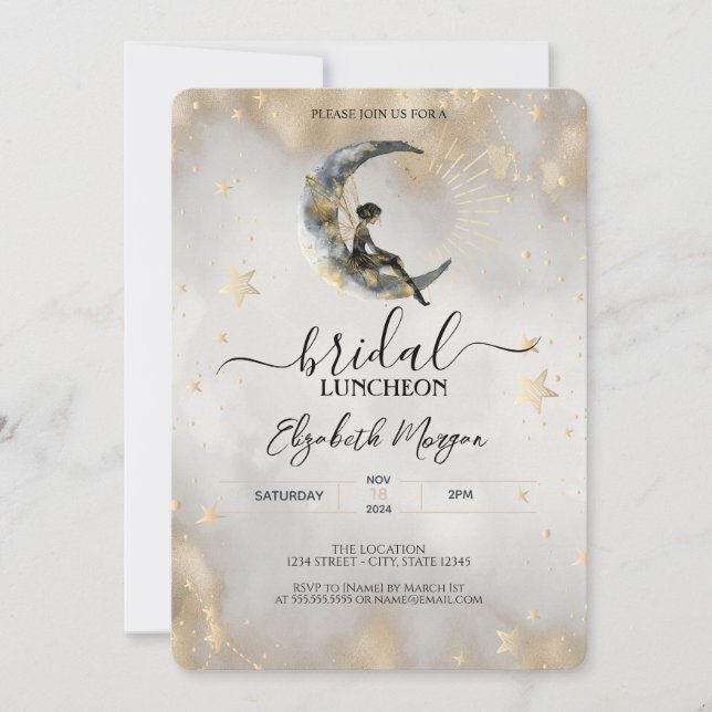Celestial Gold Stars Moons Girl Bridal Einladung (Vorderseite)