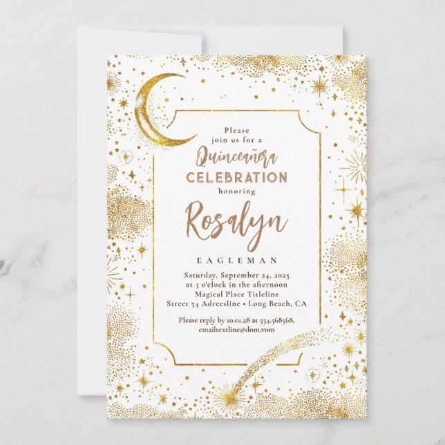 Celestial Gold Stars und Mondnacht Quinceanera Einladung (Vorderseite)