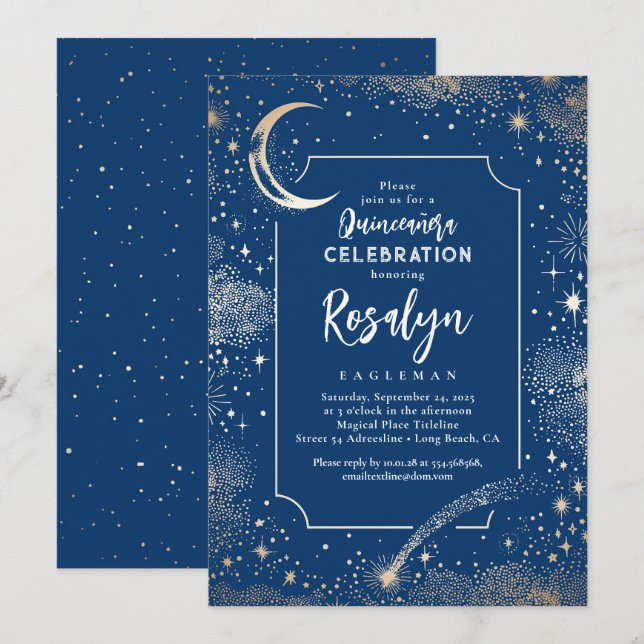 Celestial Gold Stars und Mondnacht Quinceanera Einladung (Vorne/Hinten)