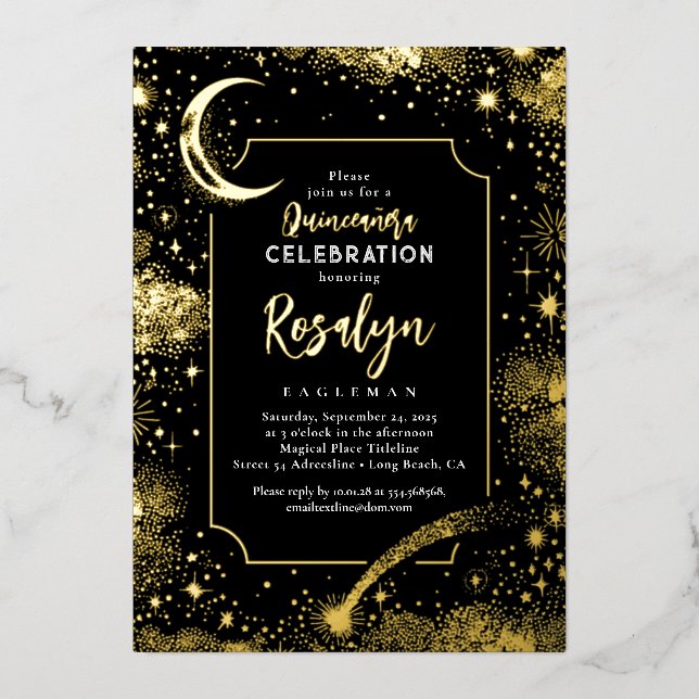 Celestial Gold Stars und Mondnacht Quinceanera Folieneinladung (Vorderseite)