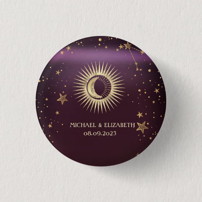 Celestial Gold Sun and Moon Stars Burgundy Button (Vorderseite)