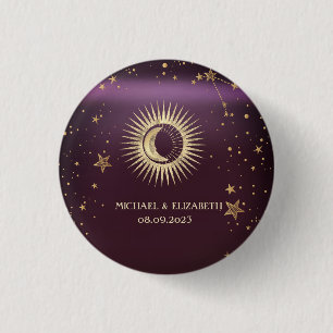 Celestial Gold Sun and Moon Stars Burgundy Button