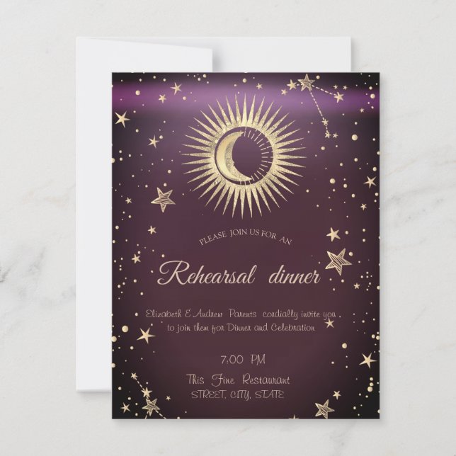 Celestial Gold Sun and Moon Stars Burgundy Einladung (Vorderseite)