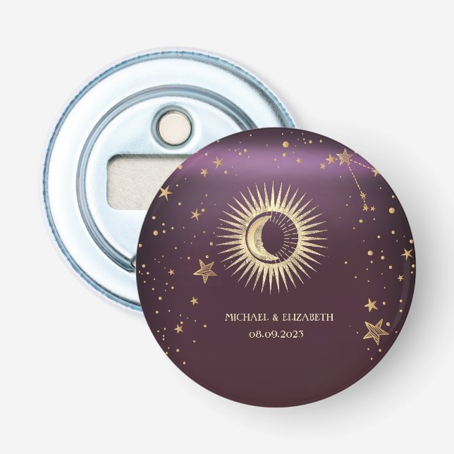 Celestial Gold Sun and Moon Stars Burgundy Flaschenöffner (Vorderseite)