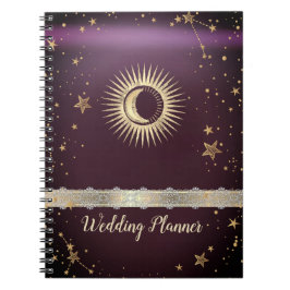 Celestial Gold Sun and Moon Stars Burgundy Notizblock
