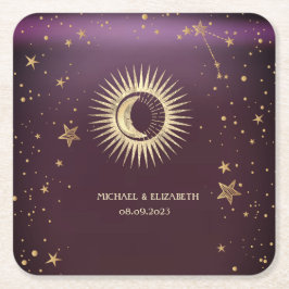 Celestial Gold Sun and Moon Stars Burgundy Rechteckiger Pappuntersetzer