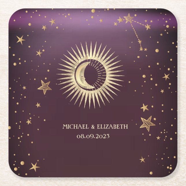 Celestial Gold Sun and Moon Stars Burgundy Rechteckiger Pappuntersetzer (Vorderseite)