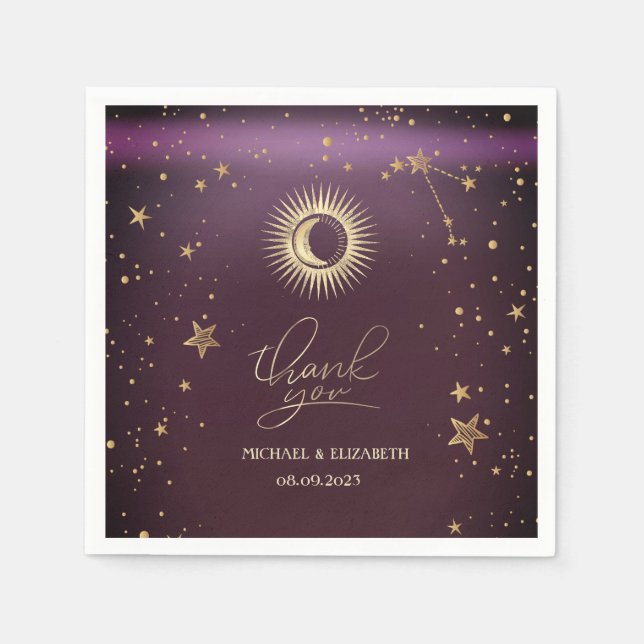 Celestial Gold Sun and Moon Stars Burgundy Serviette (Vorderseite)