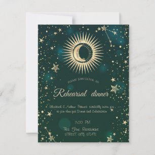 Celestial Gold Sun and Moon Stars Green Einladung