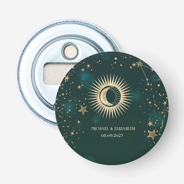 Celestial Gold Sun and Moon Stars Green Flaschenöffner (Vorderseite)