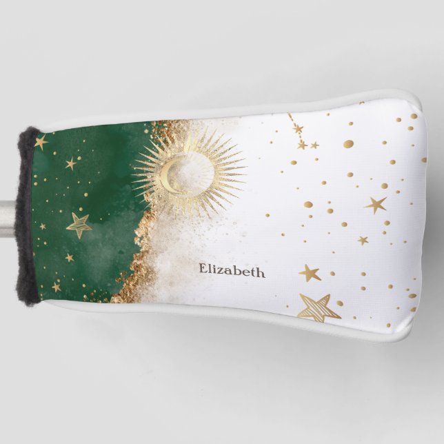 Celestial Gold Sun and Moon Stars Green Golf Headcover (Vorderseite)