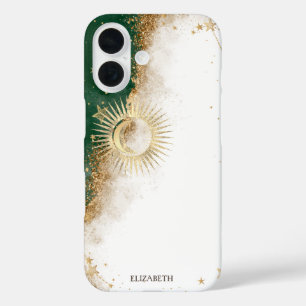 Celestial Gold Sun and Moon Stars Green iPhone 16 Hülle