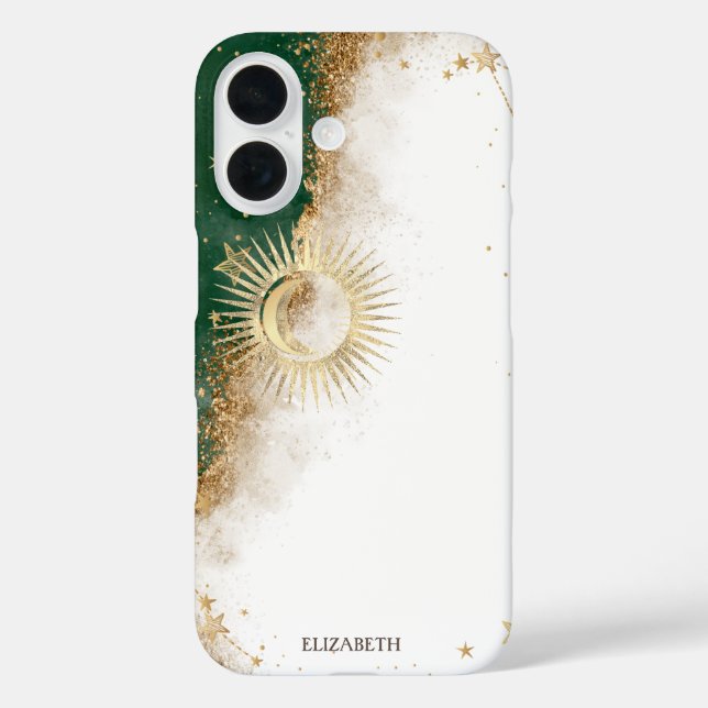 Celestial Gold Sun and Moon Stars Green iPhone 16 Hülle (Rückseite)