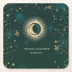 Celestial Gold Sun and Moon Stars Green Rechteckiger Pappuntersetzer